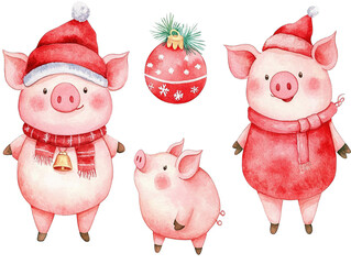set of Cute cartoon piglet illustrations in watercolor chibi style, childrens illustration style. isolated white background, christmas outfit