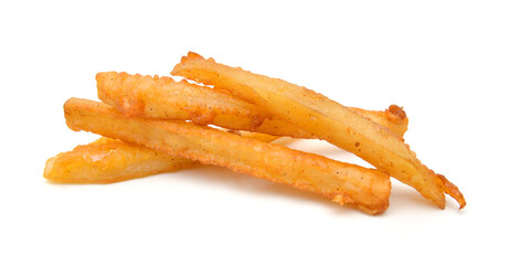 Homemade oil fried sweet potato fries on white background