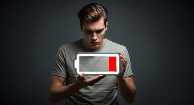Low power concept man holding glowing battery icon energy depletion and fatigue feeling drained lifestyle