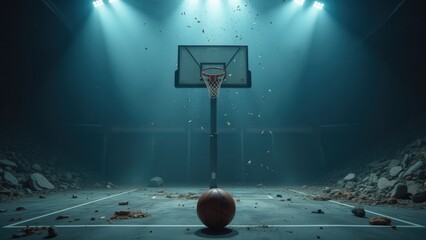 Abandoned Basketball Court with Ball Under Spotlight, Post-Apocalyptic Sports, Urban Decay, and Hopeful Future