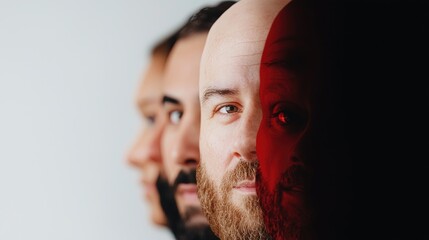Close-up portrait of three men in a row, contrasting light and shadow.