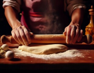  Nudelteig wird mit Nudelholz ausgerollt