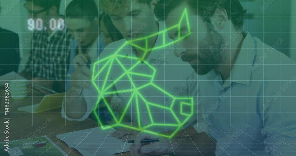 Aufkleber team analyzing business data on tablets and charts, displaying glowing green network graph overlay