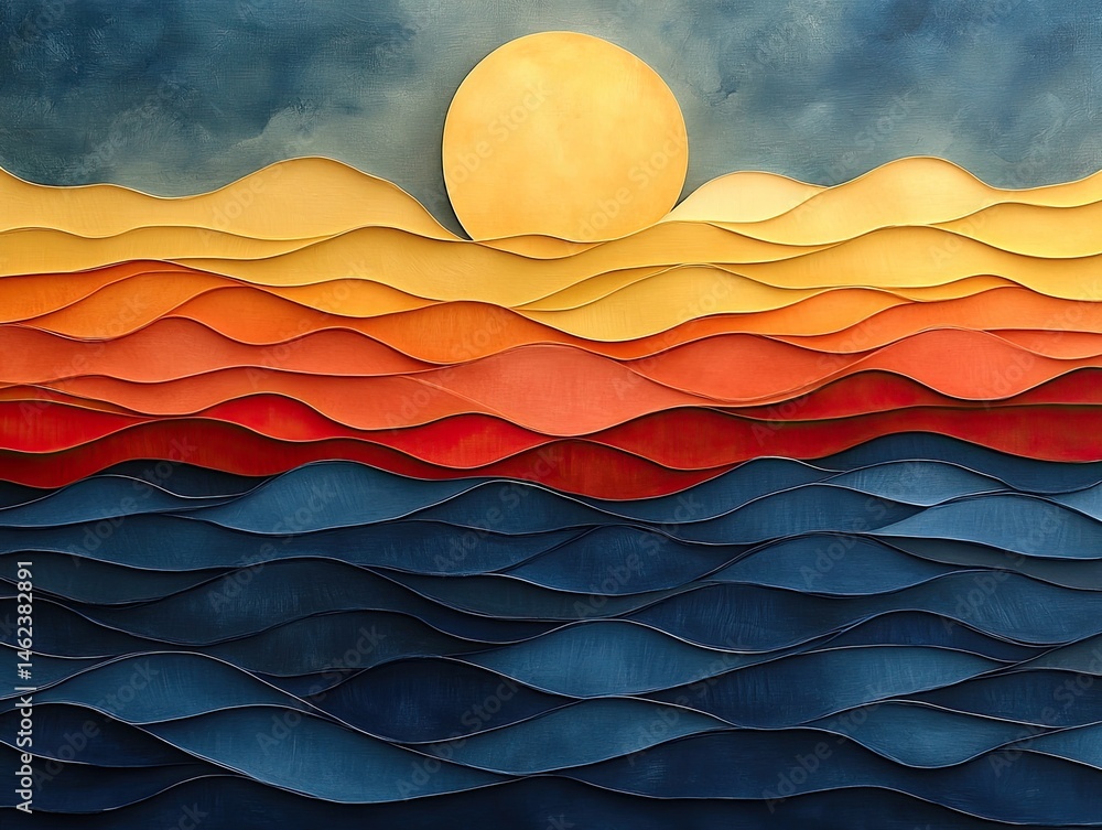 Poster sun sets over paper-cut ocean waves art with texture and color gradient. perfect for inspirational g