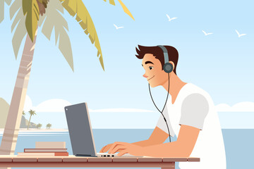 Digital Nomad Working on Laptop at Tropical Beach with Palm Tree
