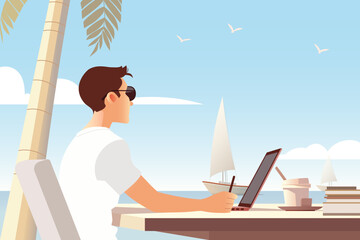 Digital Nomad Working on Laptop at Tropical Beach with Palm Tree