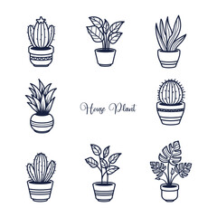 Assorted Doodle Houseplant Vector Icon Set for Interior Design