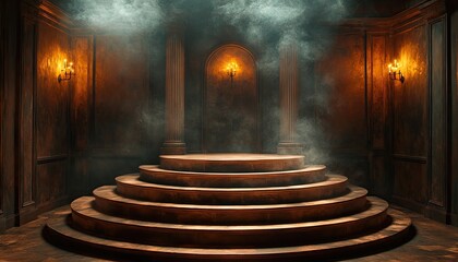 A stage with stairs in dim room, lit by sconces and haze. Use it for fantasy or historical settings, performances, or design.