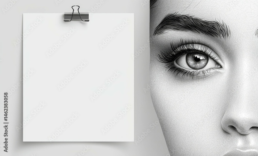 Poster a4-sized blank paper sheet with a black binder clip on a transparent background, representing a note