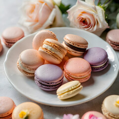 Fototapeta premium Assorted pastel-coloured macarons arranged on a delicate white plate, soft natural lighting, styled alongside fresh flowers for a light and airy aesthetic