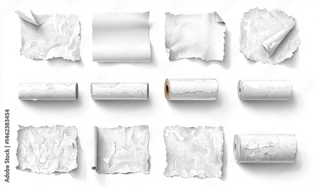 Poster realistic paper notes, featuring curled corners and rolled edges, are shown isolated on a transparen