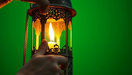Ornate Lantern with Burning Candle Isolated by Green Screen Close Up
