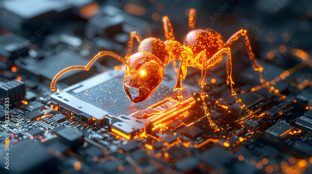 Poster a digital ant crawls across a circuit board glowing with warm light suggesting artificial intelligen