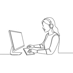 Woman participating in video interview while using computer and headset  