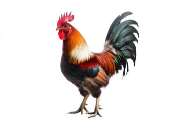 a rooster isolated on a white background, ultra-realistic, real photo 