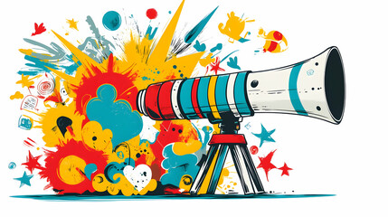 A colorful telescope with a vibrant, abstract background of splashes and stars