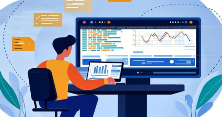A person analyzing data on a computer in a modern workspace with charts and documents