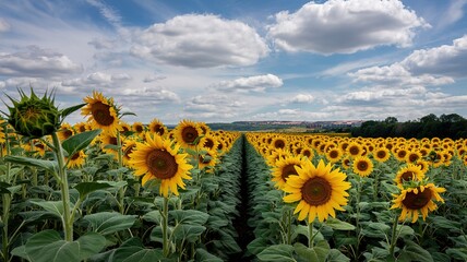 Obraz premium Endless Sunflower Field Under a Cloudy Sky, Rows Stretching to t