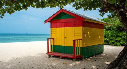 Naklejka premium Colorful beach hut caribbean vacation rental on tropical island paradise for summer getaway travel destination