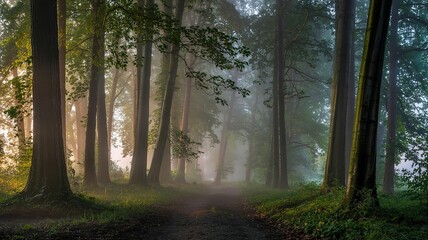 Obraz premium Ethereal Forest Path: Sunlight Piercing Through Morning Mist Amo