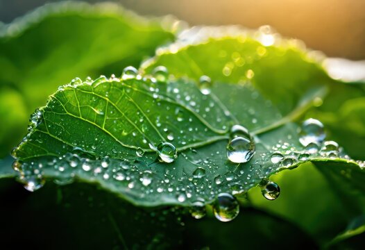 Water droplets on a green leaf