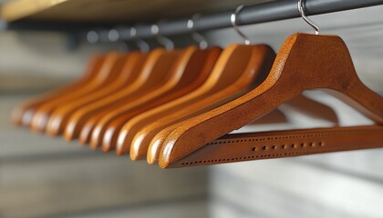 Wooden clothes hangers hang neatly in a closet, creating organized space. It shows closet organizing, retail, and fashion design concepts.