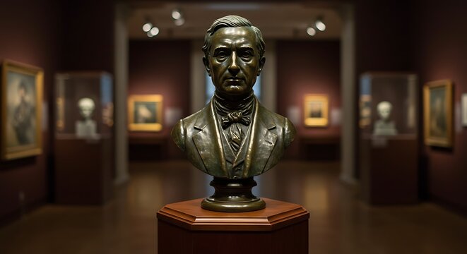 Bronze Bust of a Gentleman in a Museum Setting with Blurred Pain
