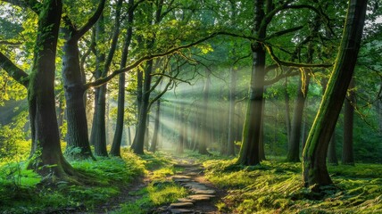 Fototapeta premium Sunlit forest pathway invites tranquility and wonder in a lush green landscape