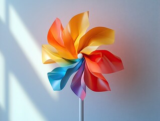 A vibrant pinwheel with rainbow petals on a white stick, bathed in light. Use for children's projects, colorful designs, or representing summer fun.