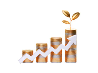 3d Business Growth in savings represented by stacks of coins with a plant and upward arrow icon highlighting positive financial trends isolated on transparent background. PNG file, cut out
