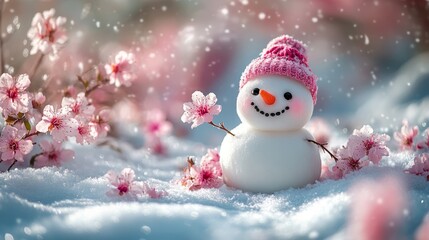 A cheerful snowman wears a cozy pink hat, holding cherry blossoms amidst a snowy landscape filled with light snowfall