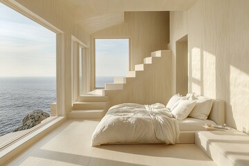 Bedroom interior with sea view, wooden stairs, white bedding, and natural light. This image illustrates modern coastal living, promoting relaxation and serenity.