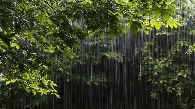 Lush forest canopy during a heavy rainfall.