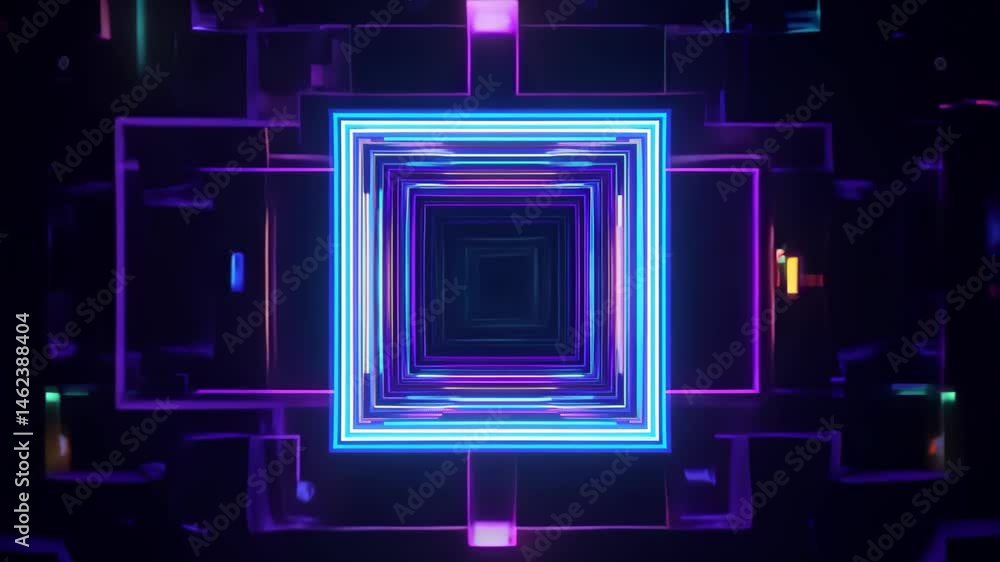 Poster dynamic 4k animation of three-dimensional blue squares with colorful lights and patterns