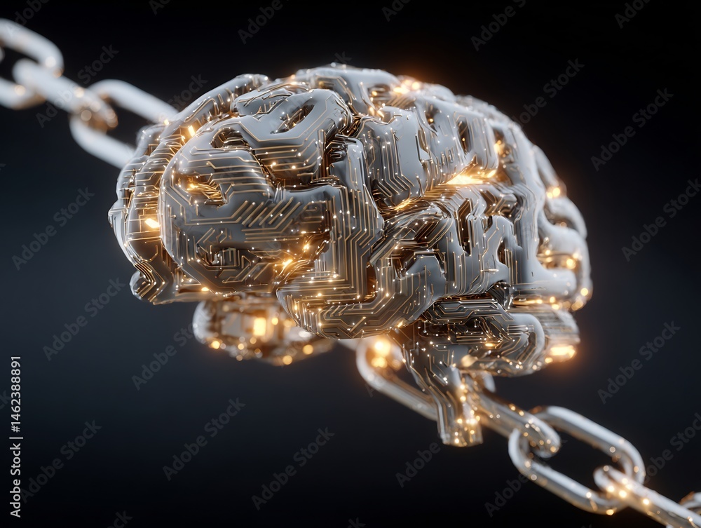 Aufkleber artificial intelligence brain with circuitry connected by chained link metal