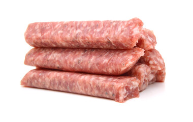 Raw meat sausages isolated on white background 