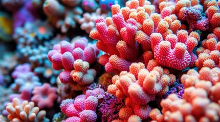 Fototapeten Vibrant coral reef close-up.  Clusters of colorful corals in various shades of pink, orange, and purple.  Intricate textures and details are visible © Hasriani