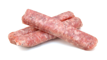 Raw meat sausages isolated on white background 