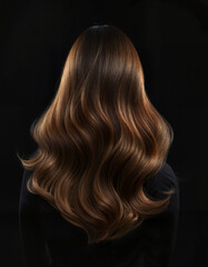 Fototapeta premium Woman's wavy hair cascading beautifully against a dark background with dramatic lighting