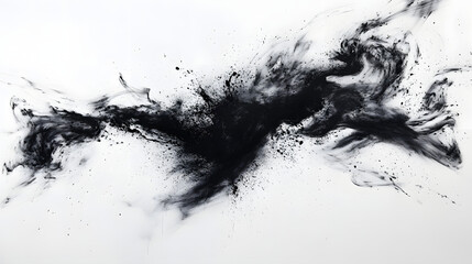 A messy explosion of black ink splatters and reckless brushwork on white canvas.
