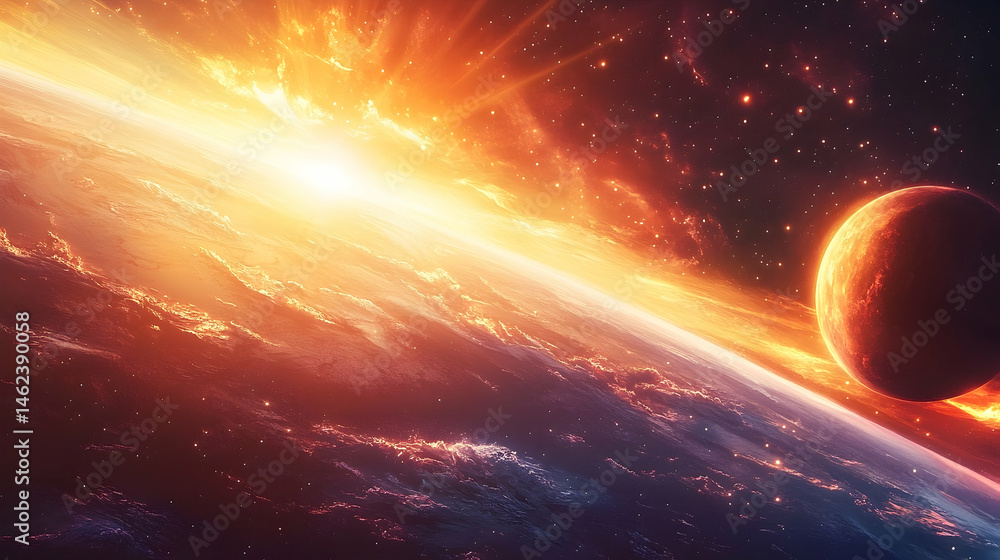 Wall mural fiery celestial event with a planet in space.
