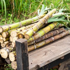 Freshly Cut Sugarcane Stalks on Wooden Cart in Tropical Field