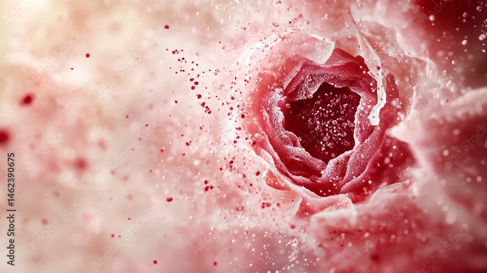 Poster abstract organic structure shows a deep red vortex surrounded by scattered particles and soft, swirl
