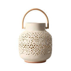Elegant Off-White Ceramic Lantern with Cutout Design and Wooden Handle Perfect for Home Decor