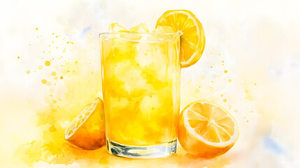 Watercolor illustration of non-alcoholic drinks on white background. Watercolor Illustration of lemon juice, lemonade.