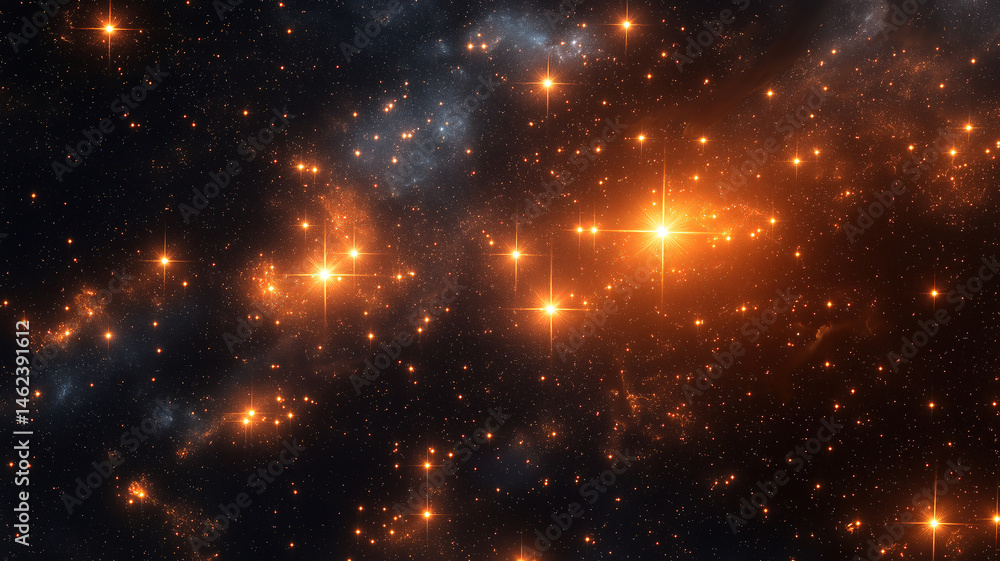 Poster a dark space background filled with glowing particles and twinkling stars in a celestial scene