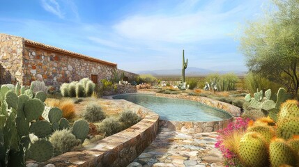 Desert poolside relaxation, stone house, cacti garden