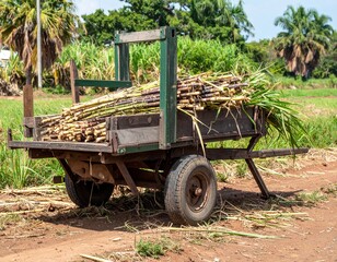 Freshly Cut Sugarcane Stalks on Wooden Cart in Tropical Field