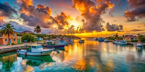 St. Croix Frederiksted Harbor, Caribbean Sea Sunset, Colorful Boats, Tropical Landscape