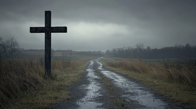 Somber Pathway With Cross Under Cloudy Sky in Quiet Landscape